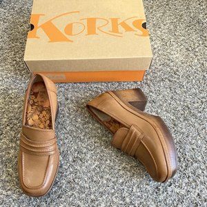 Korks  Kork-Ease Regina Loafer Pumps Brown Leather Size 7.5 Chunky Block Heel
